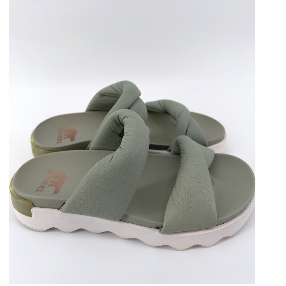 Sorel Viibe Twist Slide Sandal Sage Green Puffy Leather Platform Womens's 9.5